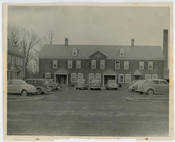 View of Fairlington homes - with a boiler stack to the right of the condo units. The boilers were removed during the conversion to condos.