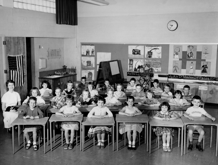 Ms. Wolcott&rsquo;s first grade class at Abingdon, 1953-1954, while segregation was in force. Courtesy of Angela Church.
